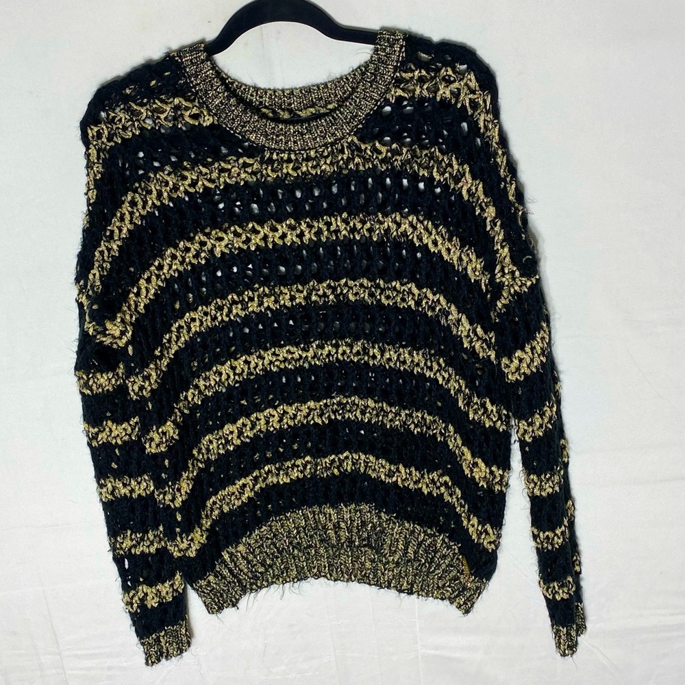 Vintage Y2K Guess Striped Black and Gold Loose Knit Crew Neck Sweater M